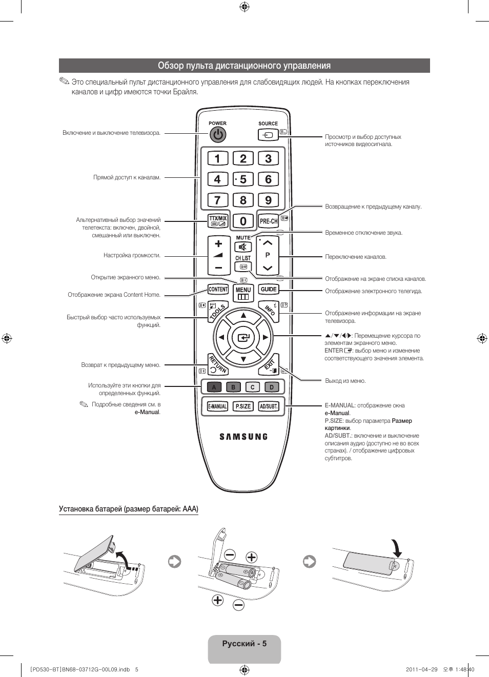 Обзор пульта дистанционного управления | Samsung PS59D530A5W User Manual | Page 53 / 146