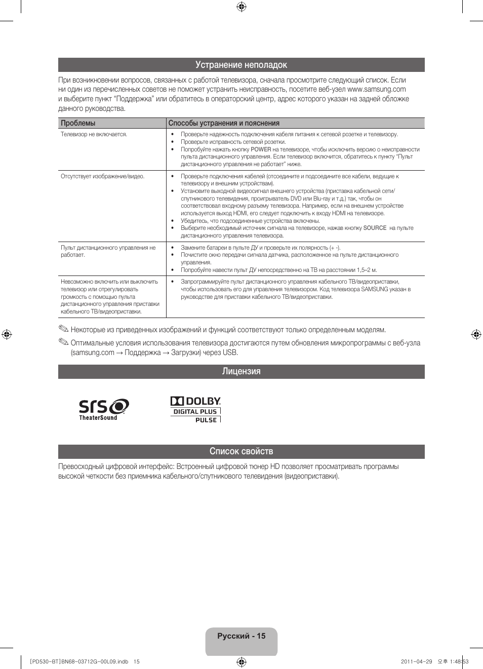 Устранение неполадок, Лицензия список свойств | Samsung PS59D530A5W User Manual | Page 63 / 146
