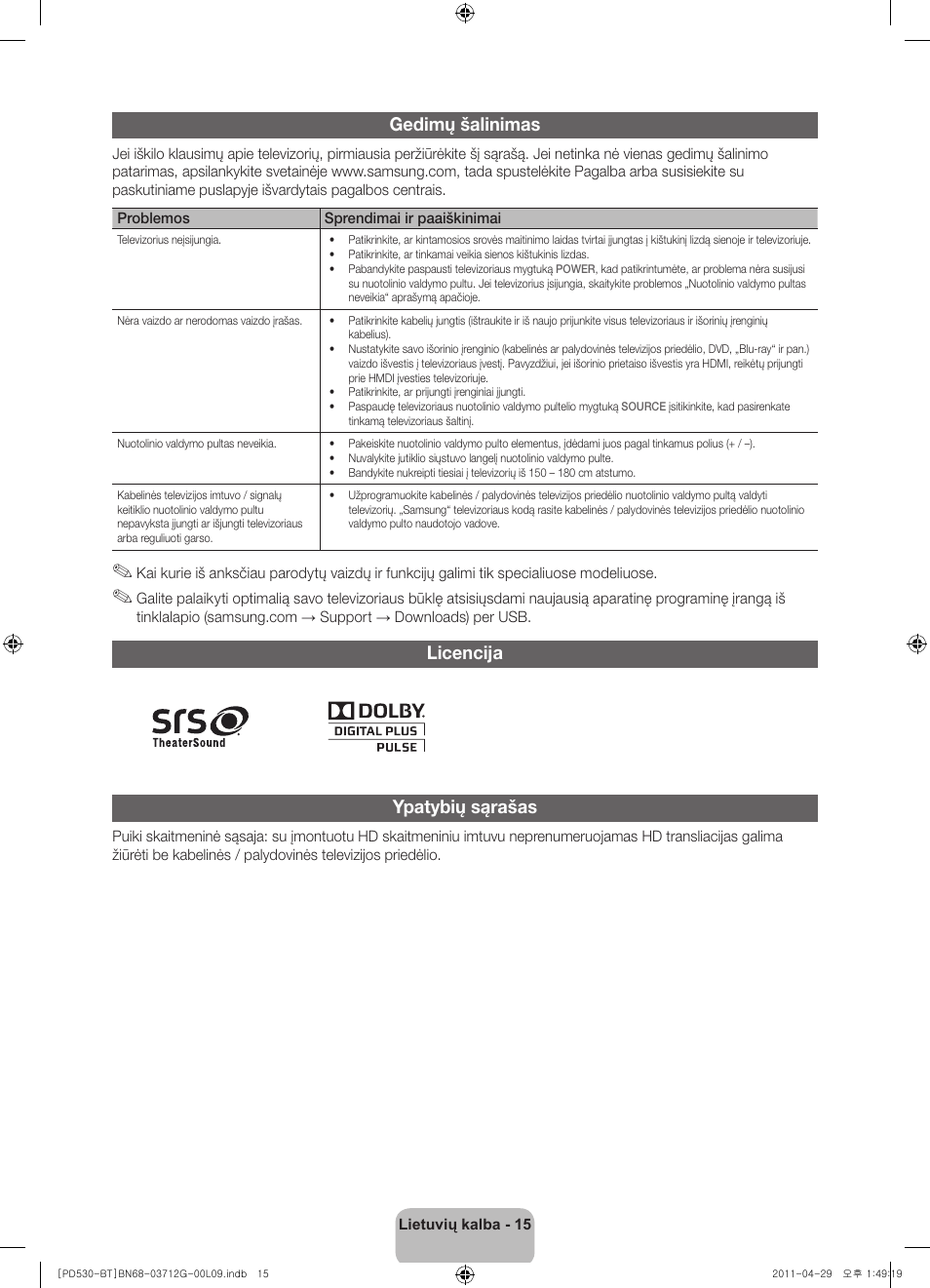 Gedimų šalinimas, Licencija ypatybių sąrašas | Samsung PS59D530A5W User Manual | Page 95 / 146