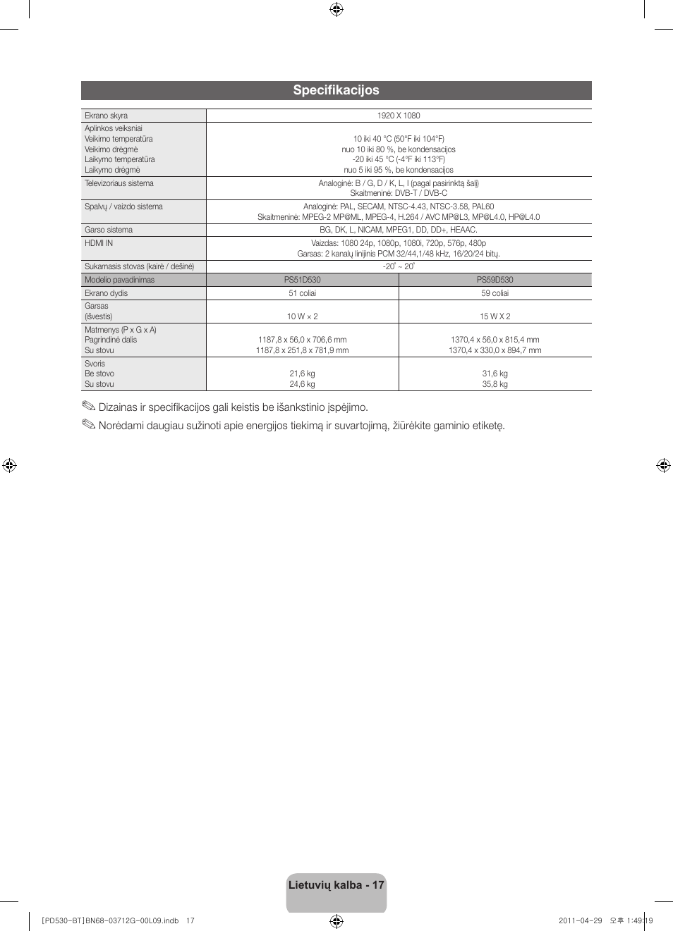 Specifikacijos | Samsung PS59D530A5W User Manual | Page 97 / 146