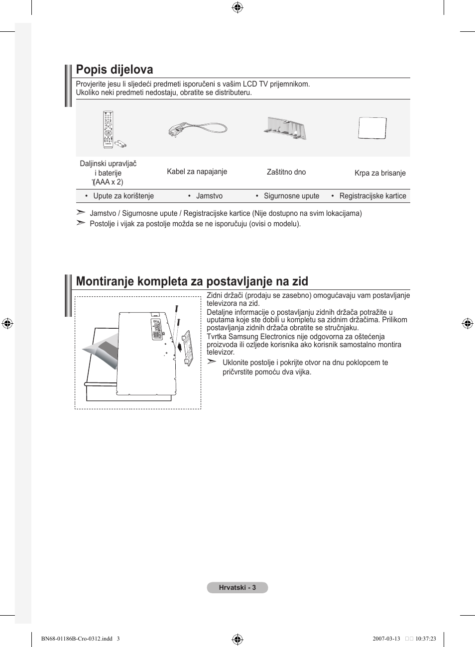 Popis dijelova, Montiranje kompleta za postavljanje na zid | Samsung LE46M87BD User Manual | Page 315 / 560