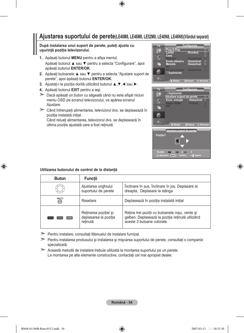 Ajustarea suportului de perete, Buton funcţii | Samsung LE46M87BD User Manual | Page 552 / 560