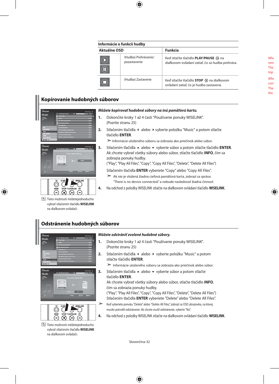 Kopírovanie hudobných súborov, Odstránenie hudobných súborov | Samsung LE40N71B User Manual | Page 254 / 355
