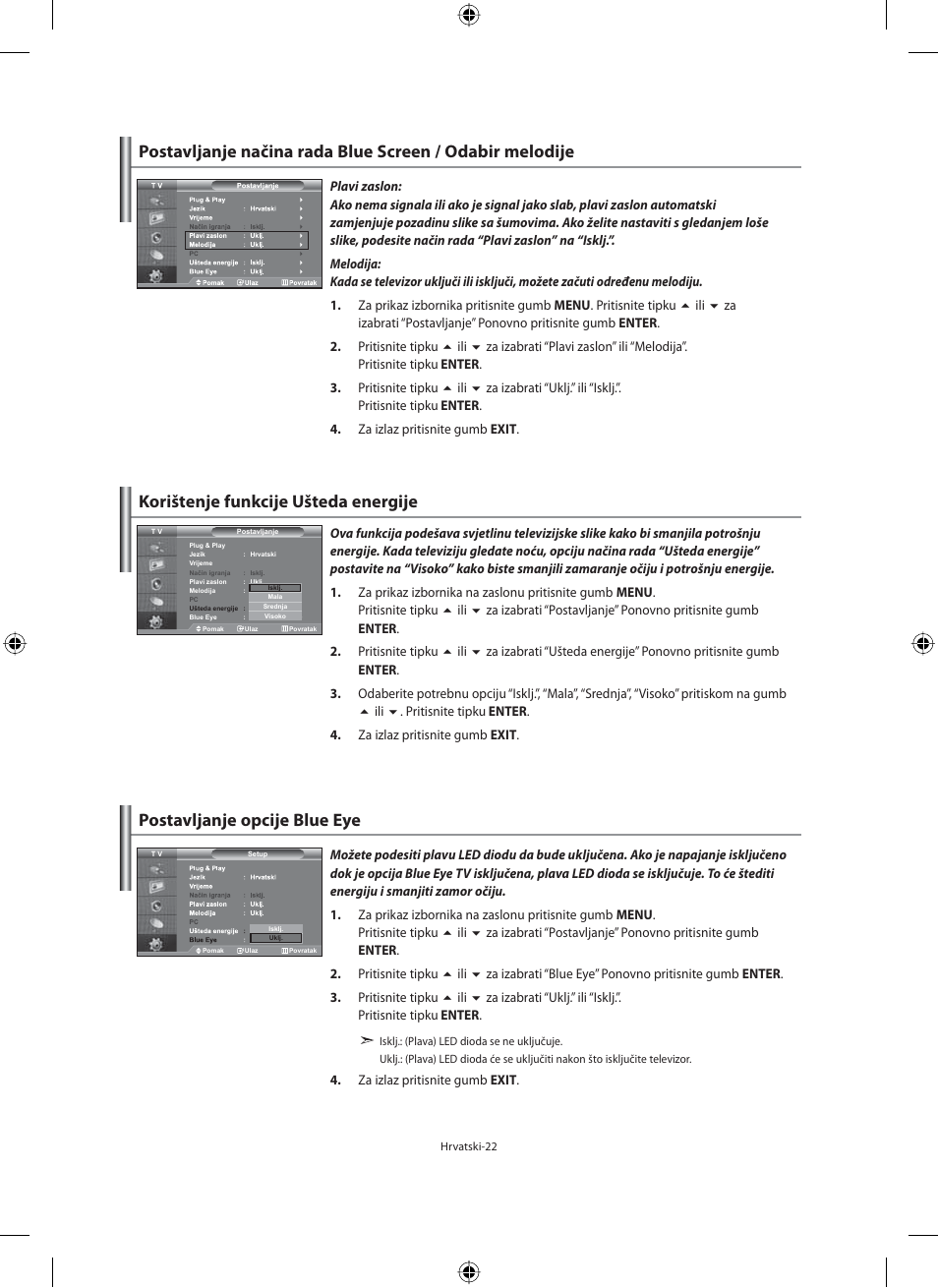 Korištenje funkcije ušteda energije, Postavljanje opcije blue eye | Samsung LE40N71B User Manual | Page 288 / 355