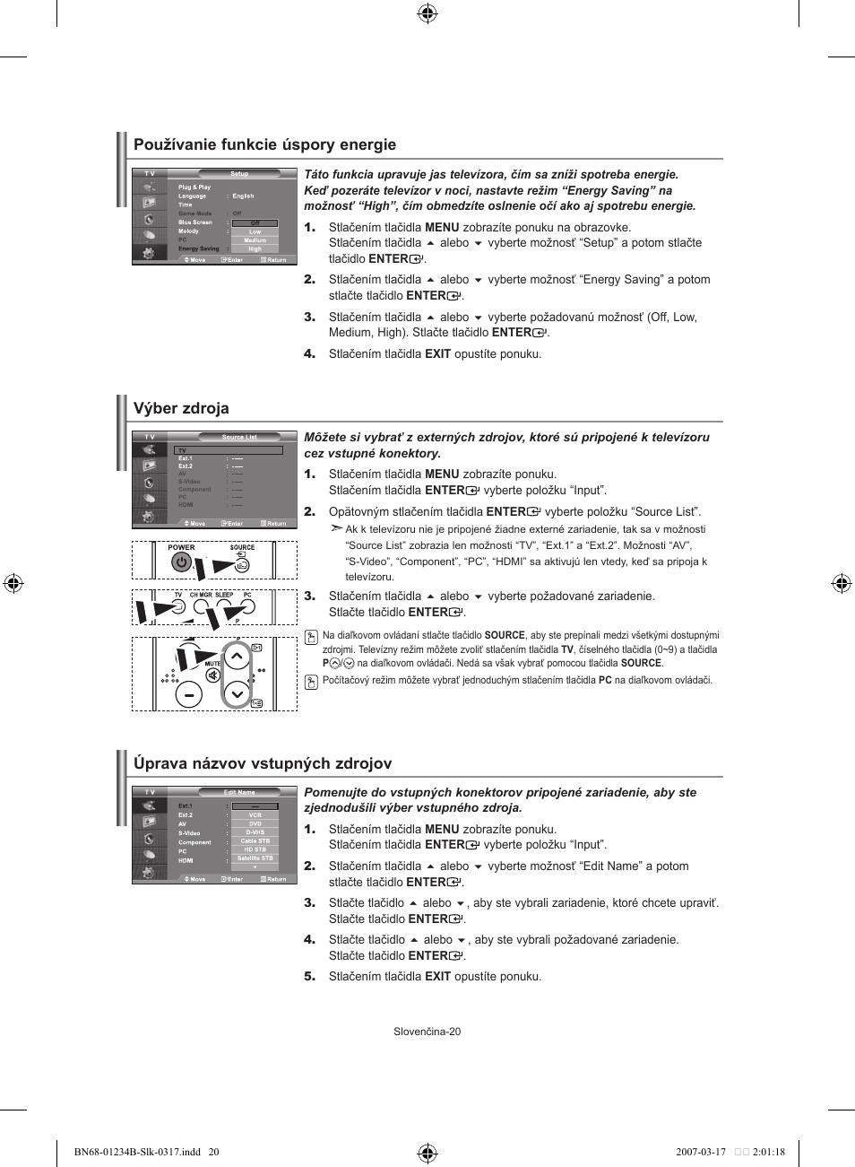 Používanie funkcie úspory energie, Výber zdroja, Úprava názvov vstupných zdrojov | Samsung LE37S62B User Manual | Page 162 / 282