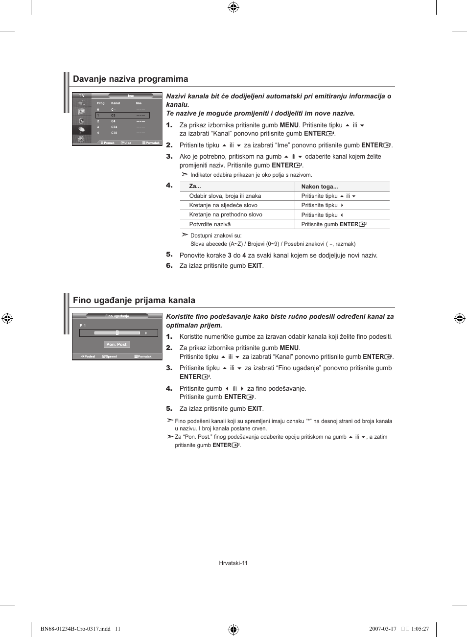 Fino ugađanje prijama kanala, Davanje naziva programima | Samsung LE37S62B User Manual | Page 181 / 282