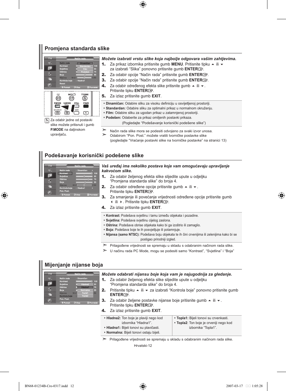 Promjena standarda slike, Podešavanje korisnički podešene slike, Mijenjanje nijanse boja | Samsung LE37S62B User Manual | Page 182 / 282