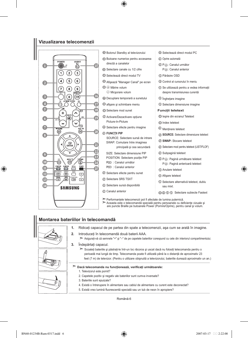 Montarea bateriilor în telecomandă, Vizualizarea telecomenzii | Samsung LE37S62B User Manual | Page 232 / 282