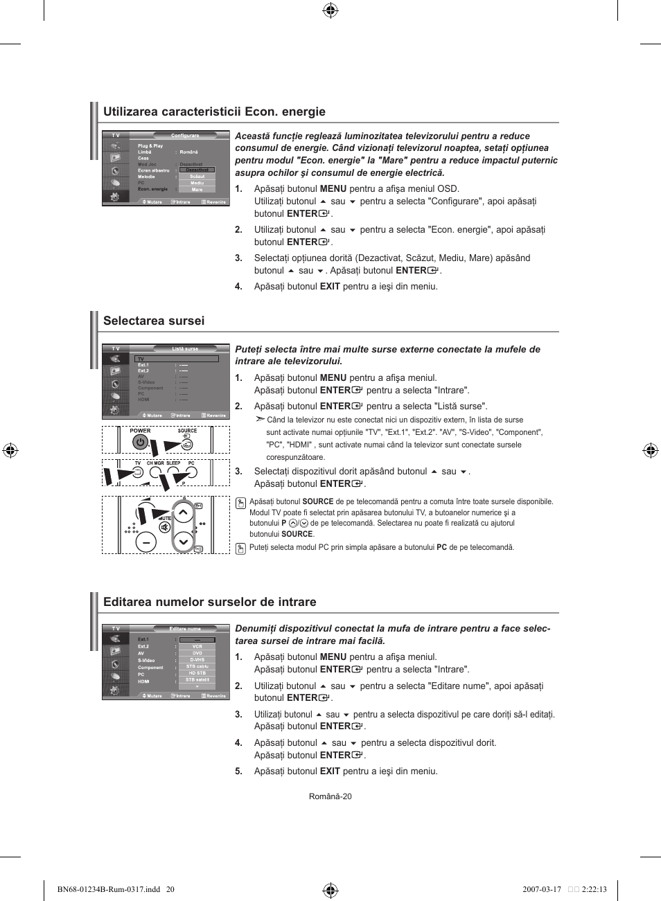 Utilizarea caracteristicii econ. energie, Editarea numelor surselor de intrare, Selectarea sursei | Samsung LE37S62B User Manual | Page 246 / 282
