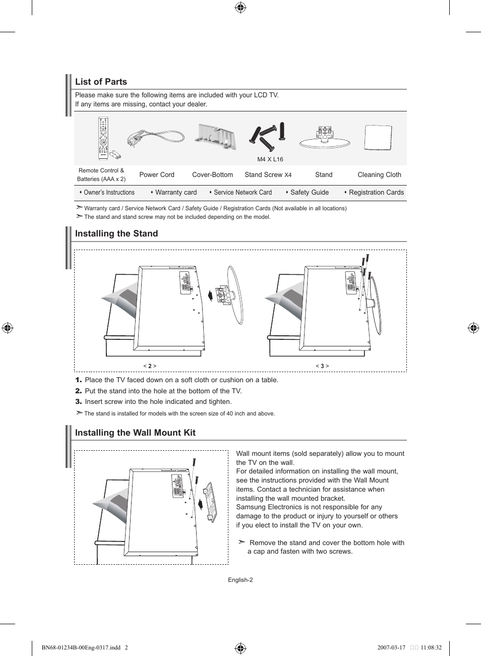Connecting and preparing your tv, List of parts, Installing the stand | Installing the wall mount kit | Samsung LE37S62B User Manual | Page 4 / 282