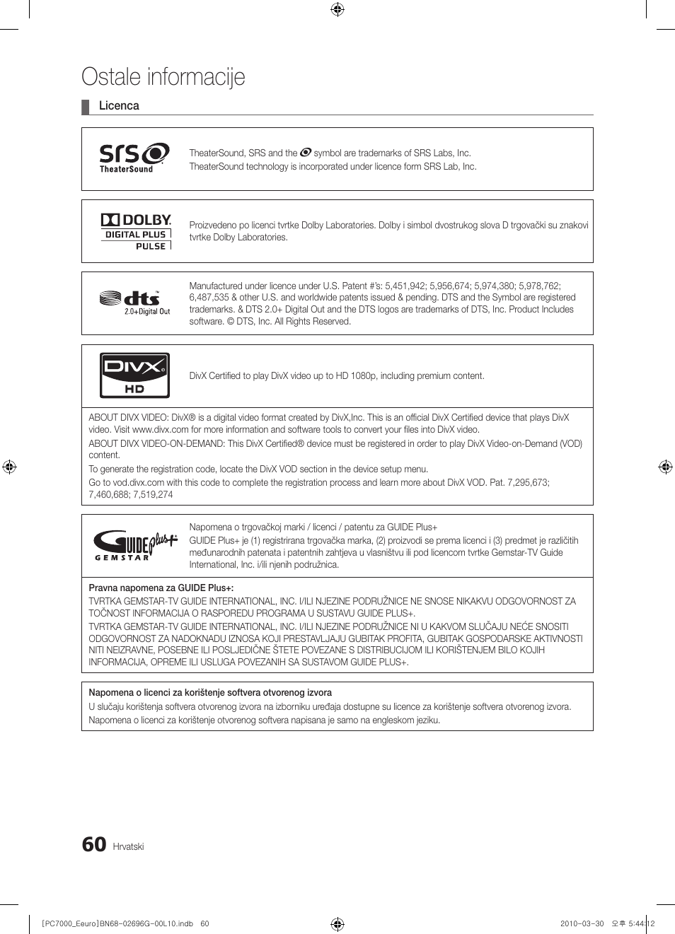 Ostale informacije | Samsung PS50C7000YW User Manual | Page 370 / 621