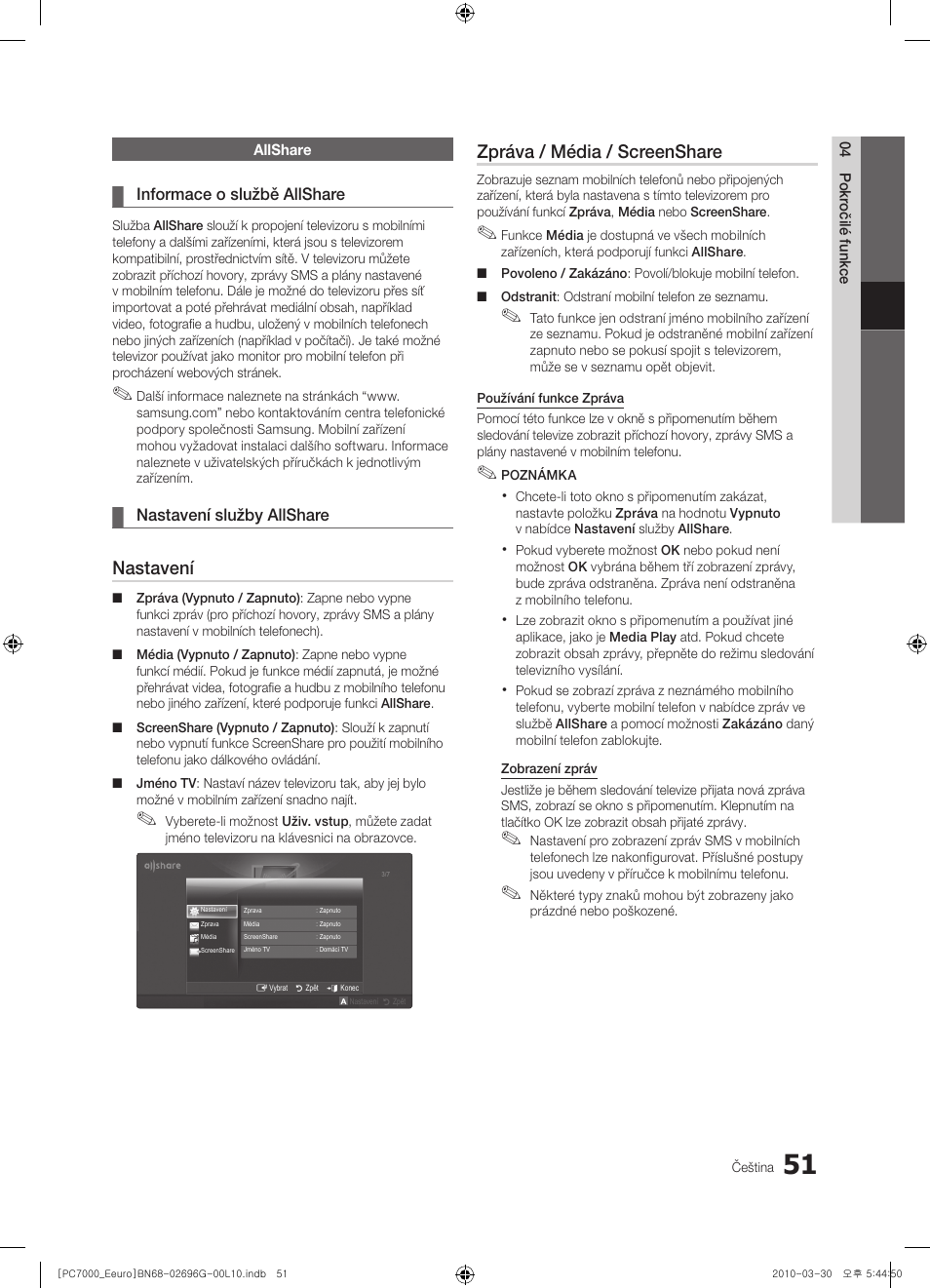 Nastavení, Zpráva / média / screenshare | Samsung PS50C7000YW User Manual | Page 423 / 621