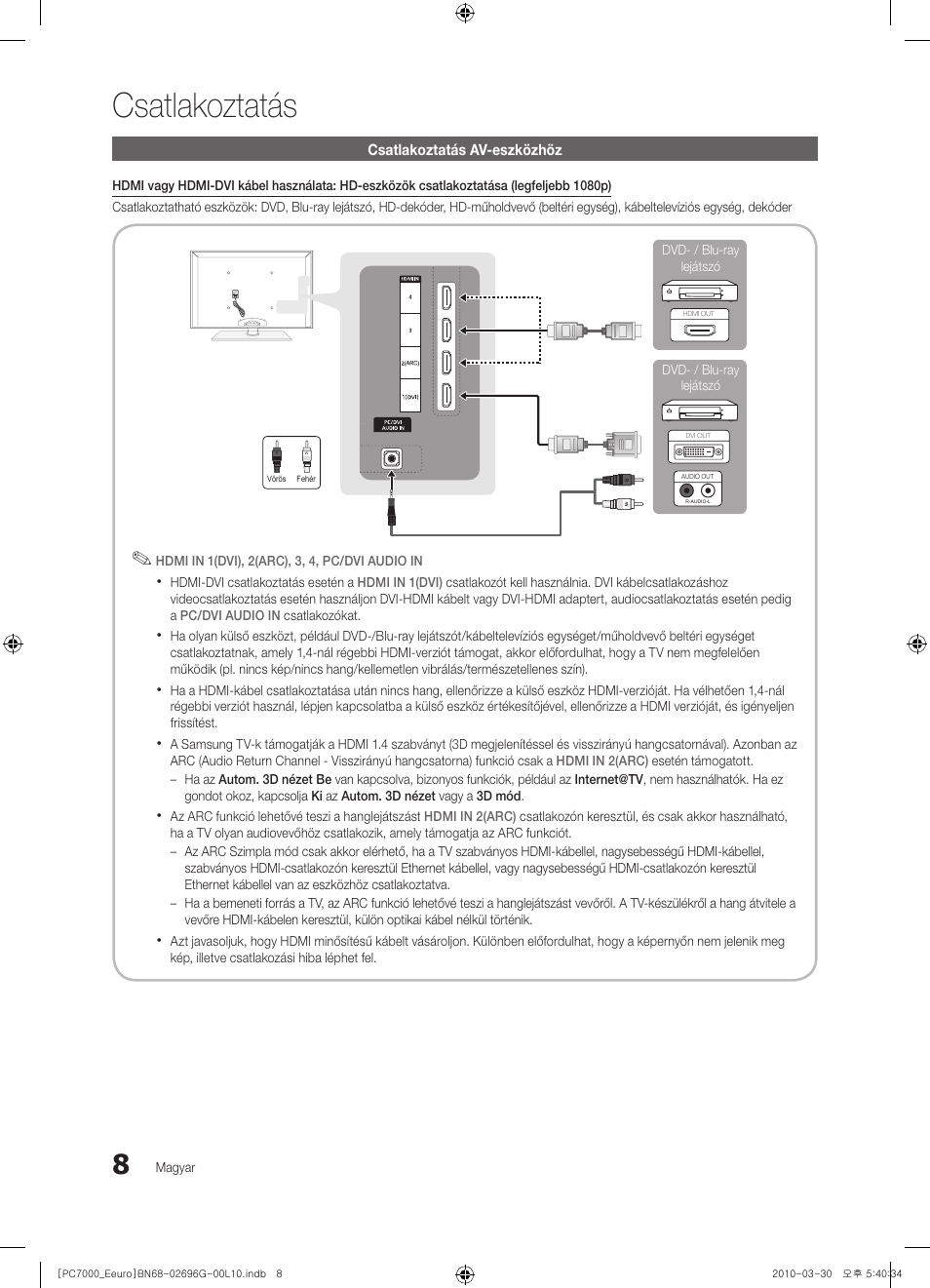 Csatlakoztatás | Samsung PS50C7000YW User Manual | Page 70 / 621