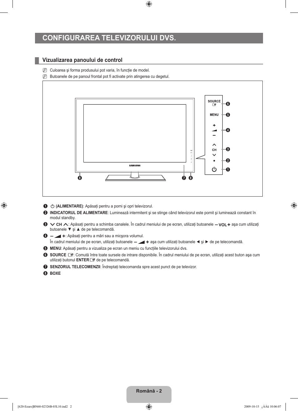 Configurarea televizorului dvs, Vizualizarea panoului de control | Samsung LE46B620R3W User Manual | Page 402 / 502