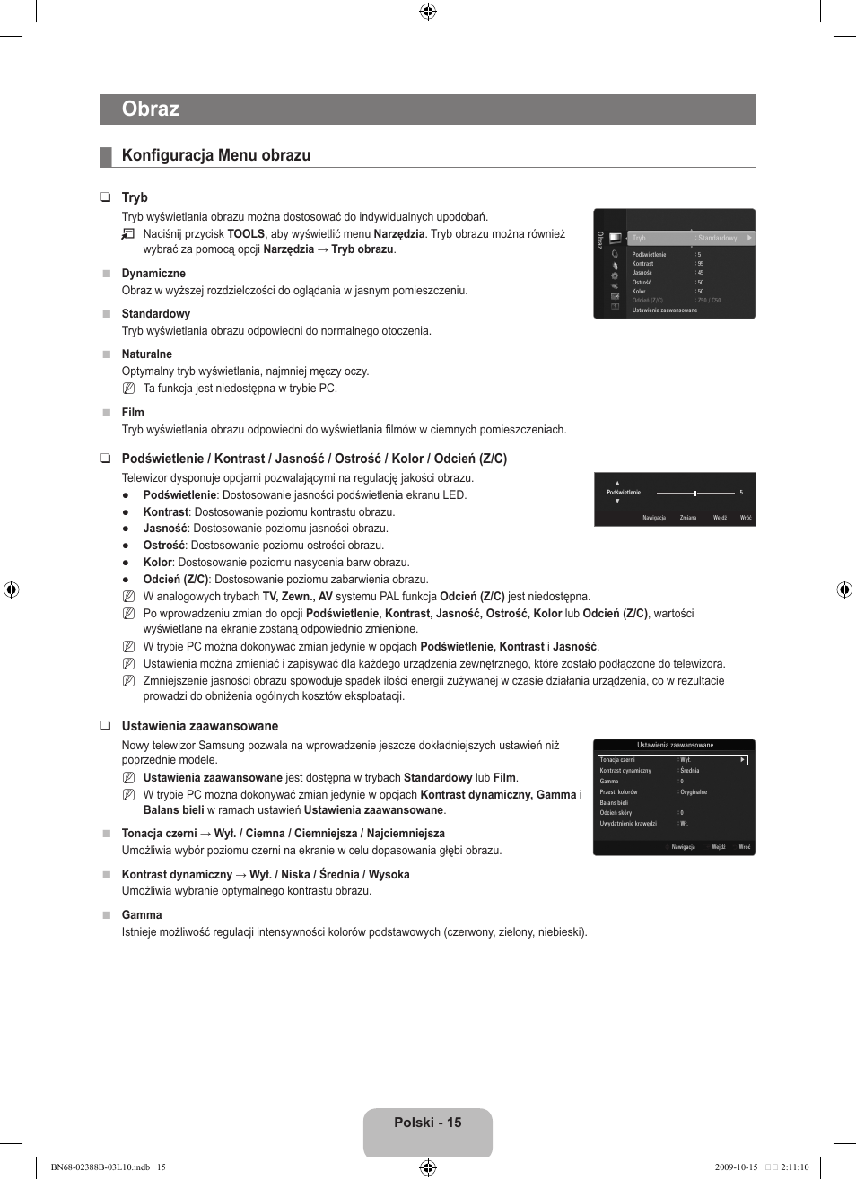 Obraz, Konfiguracja menu obrazu, Polski - 15 | Tryb, Ustawienia zaawansowane | Samsung UE32B6000VW User Manual | Page 135 / 542