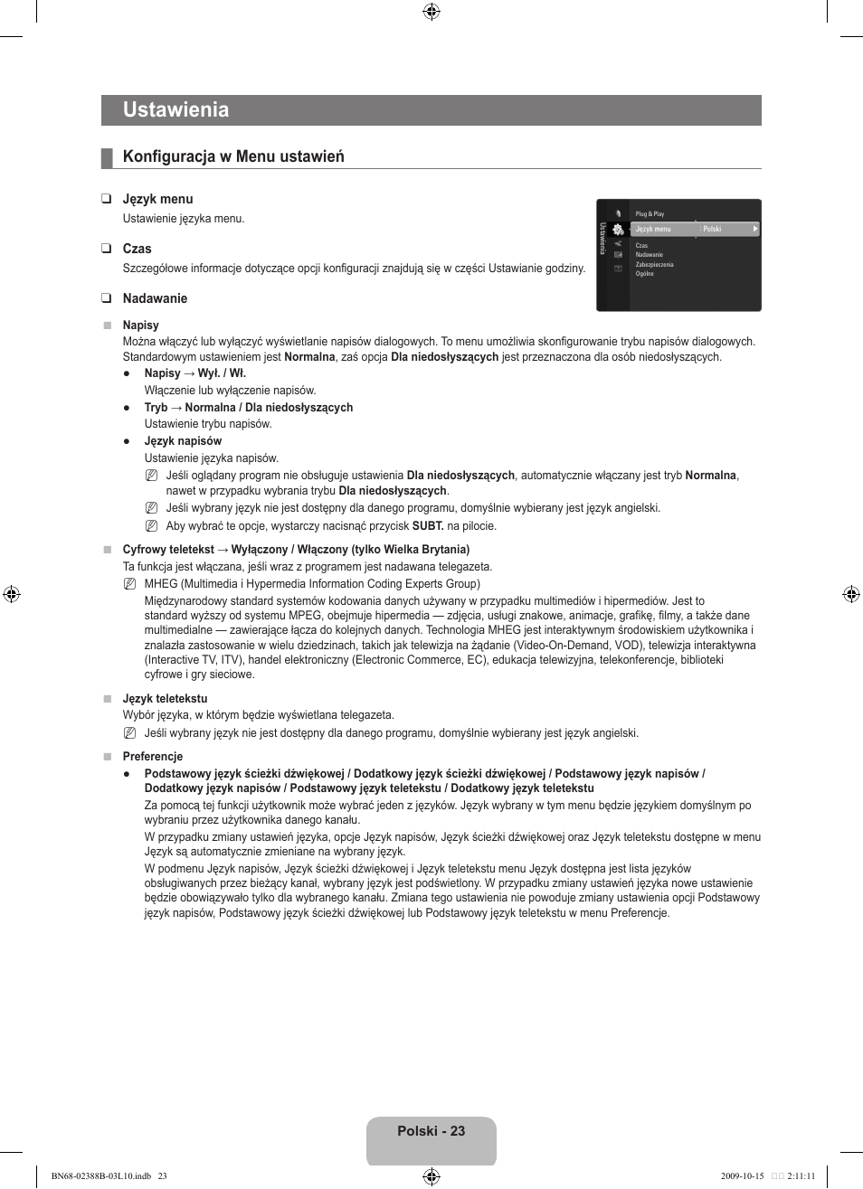 Ustawienia, Konfiguracja w menu ustawień | Samsung UE32B6000VW User Manual | Page 143 / 542