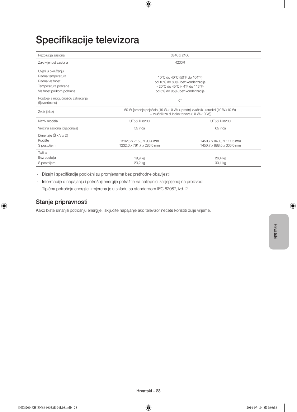 Specifikacije televizora, Stanje pripravnosti | Samsung UE55HU8200L User Manual | Page 143 / 385