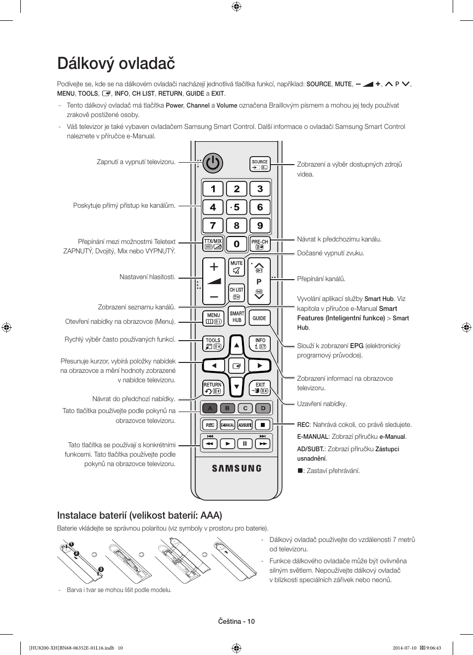 Dálkový ovladač, Instalace baterií (velikost baterií: aaa) | Samsung UE55HU8200L User Manual | Page 154 / 385