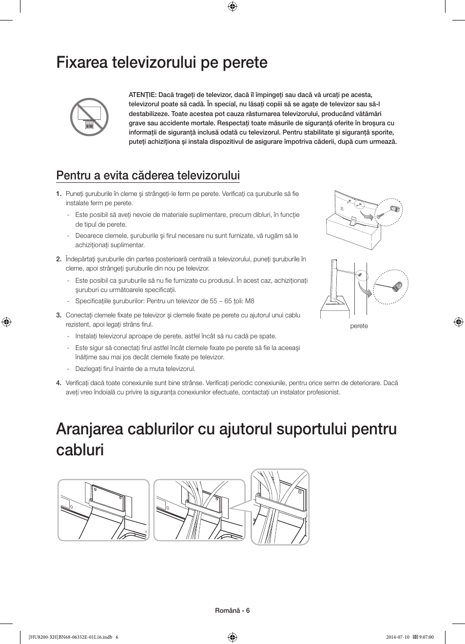 Fixarea televizorului pe perete, Pentru a evita căderea televizorului | Samsung UE55HU8200L User Manual | Page 198 / 385