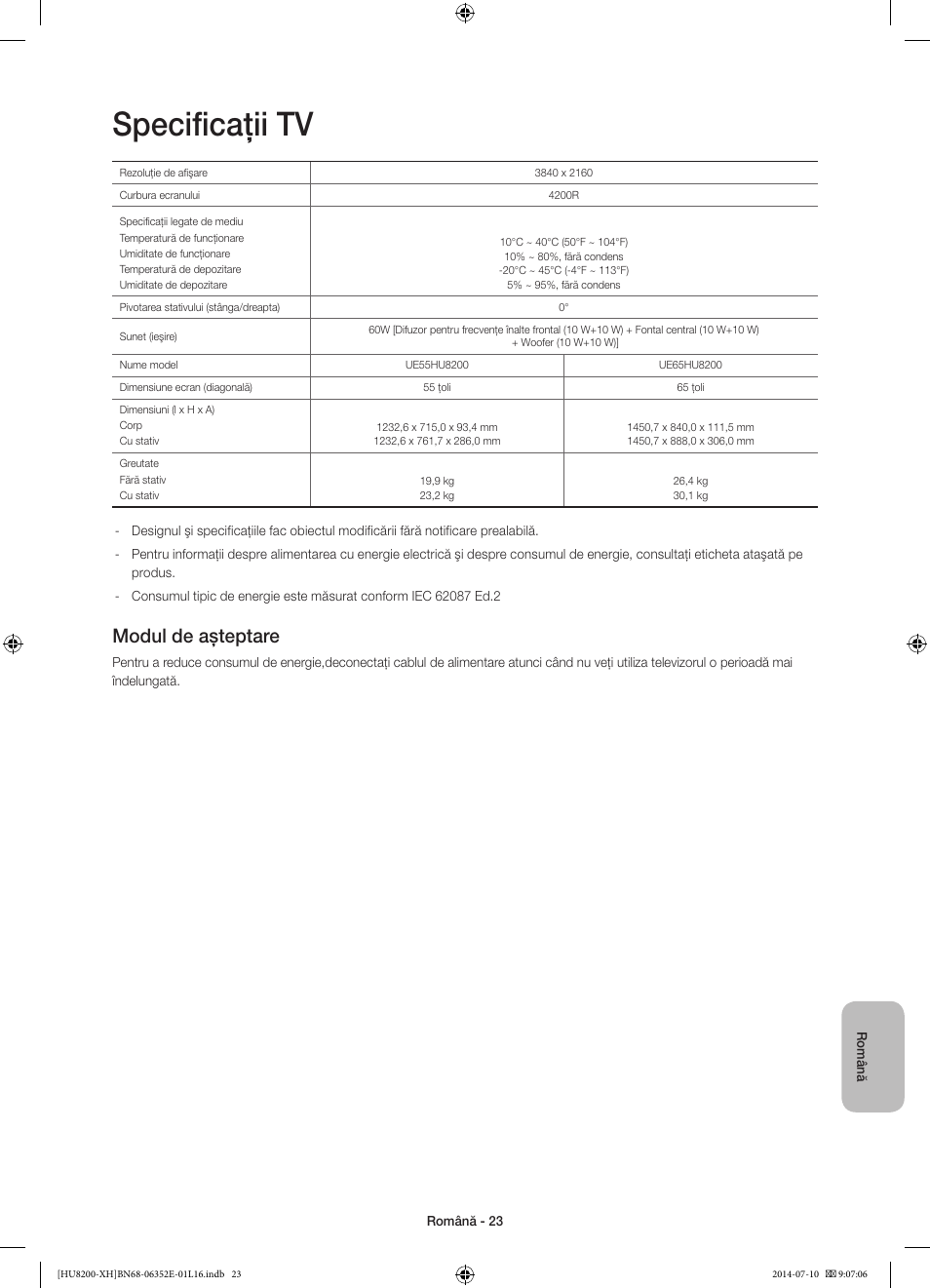 Specificaţii tv, Modul de aşteptare | Samsung UE55HU8200L User Manual | Page 215 / 385