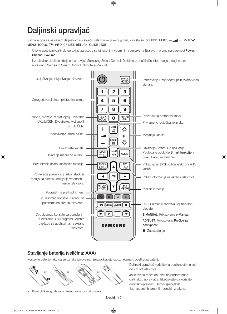 Daljinski upravljač, Stavljanje baterija (veličina: aaa) | Samsung UE55HU8200L User Manual | Page 226 / 385