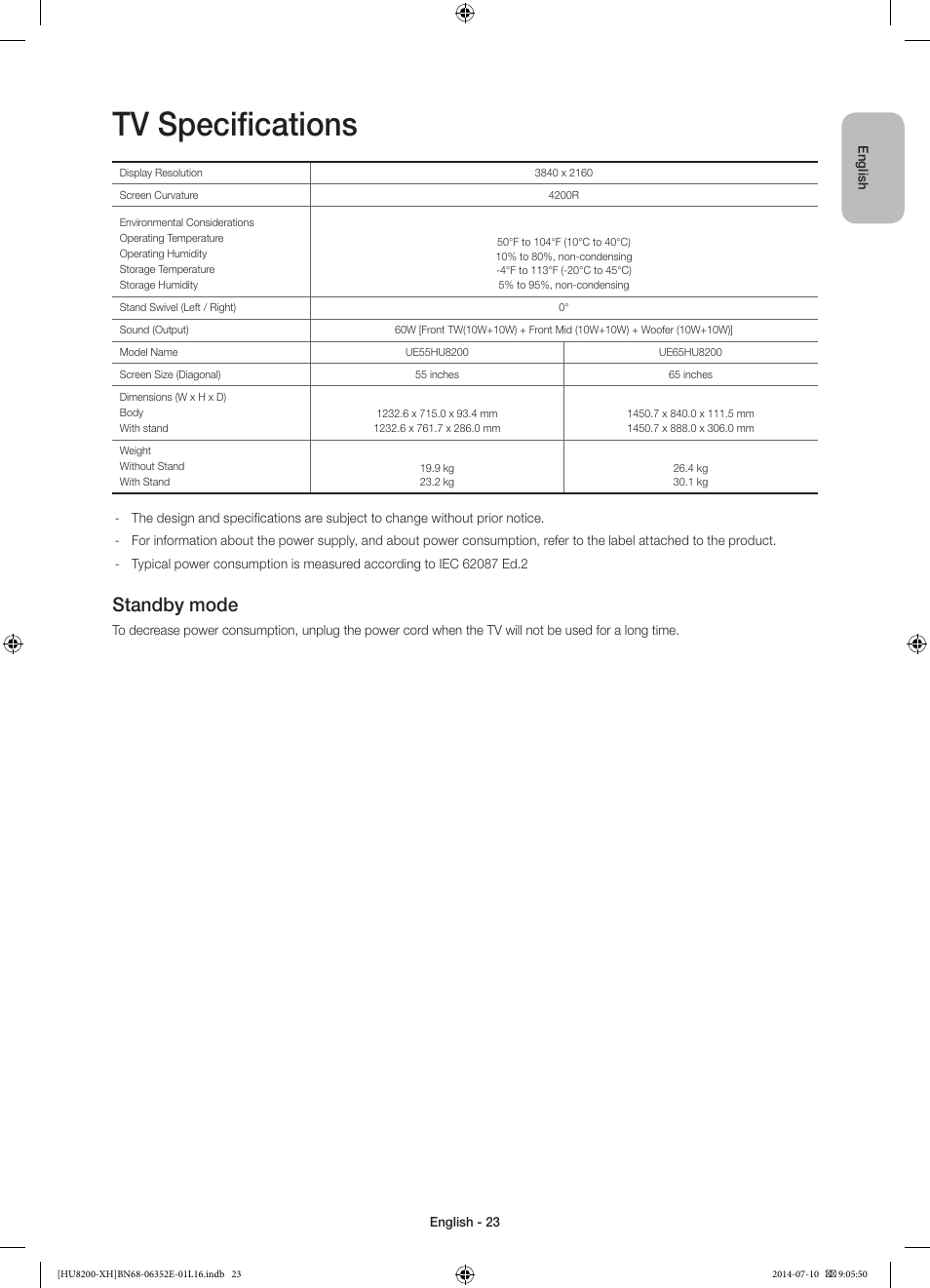 Tv specifications, Standby mode | Samsung UE55HU8200L User Manual | Page 23 / 385
