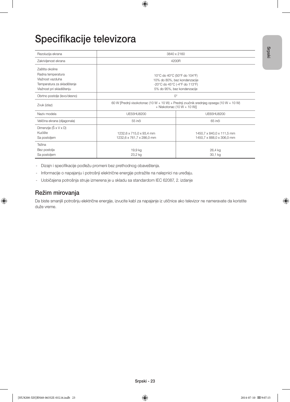 Specifikacije televizora, Režim mirovanja | Samsung UE55HU8200L User Manual | Page 239 / 385