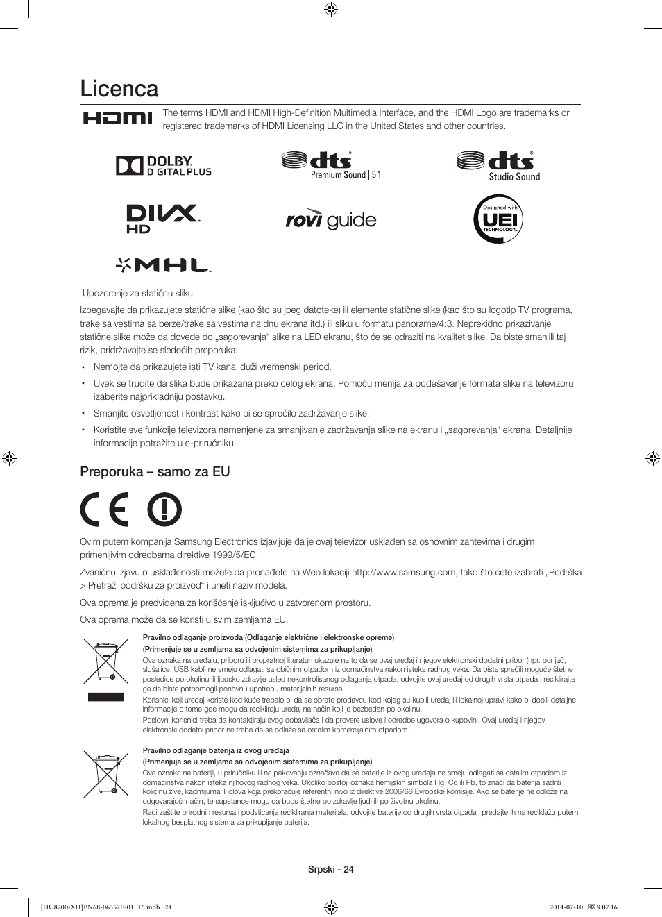 Licenca, Preporuka – samo za eu | Samsung UE55HU8200L User Manual | Page 240 / 385