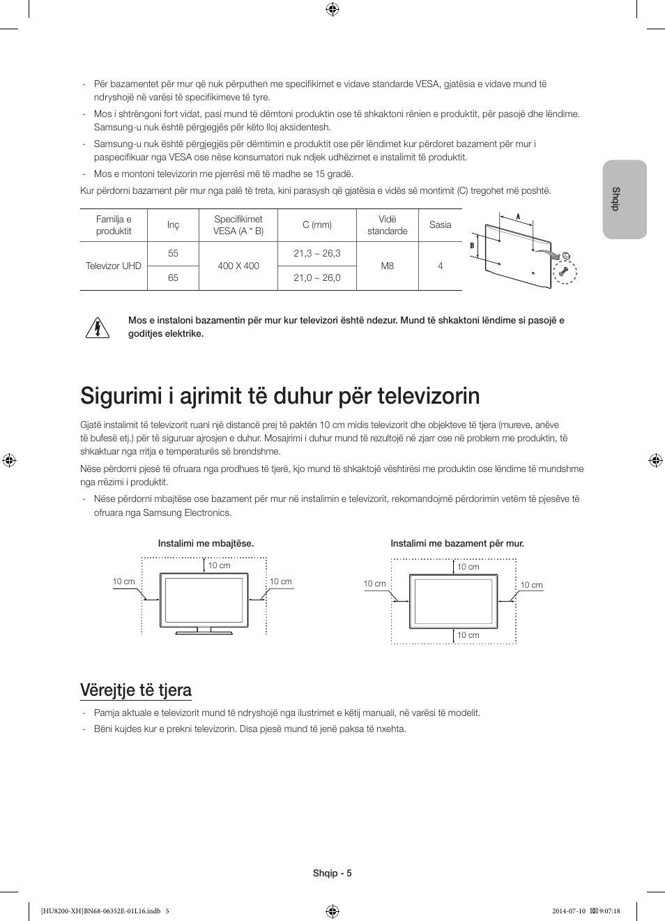 Sigurimi i ajrimit të duhur për televizorin, Vërejtje të tjera | Samsung UE55HU8200L User Manual | Page 245 / 385