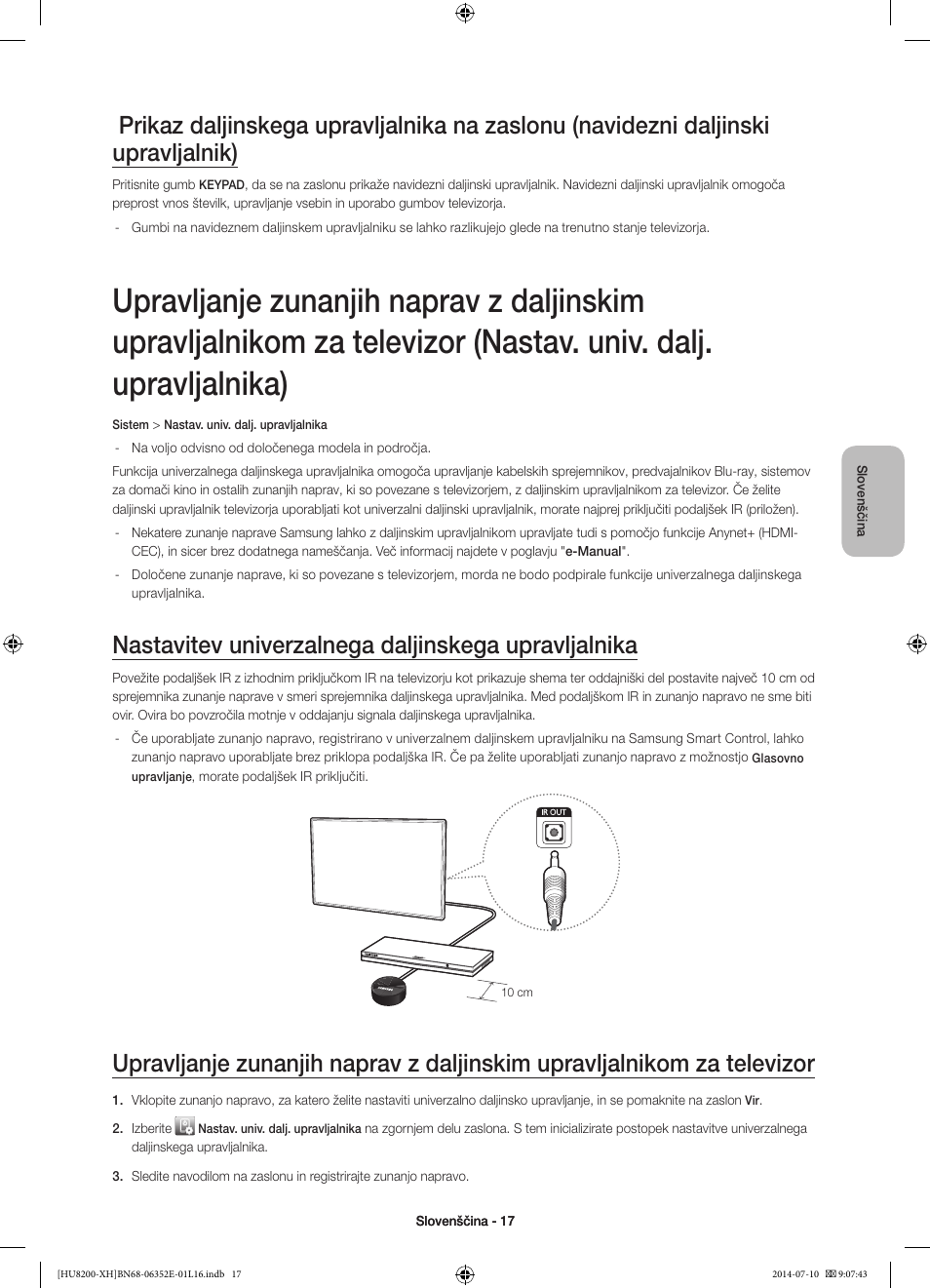 Nastavitev univerzalnega daljinskega upravljalnika | Samsung UE55HU8200L User Manual | Page 305 / 385