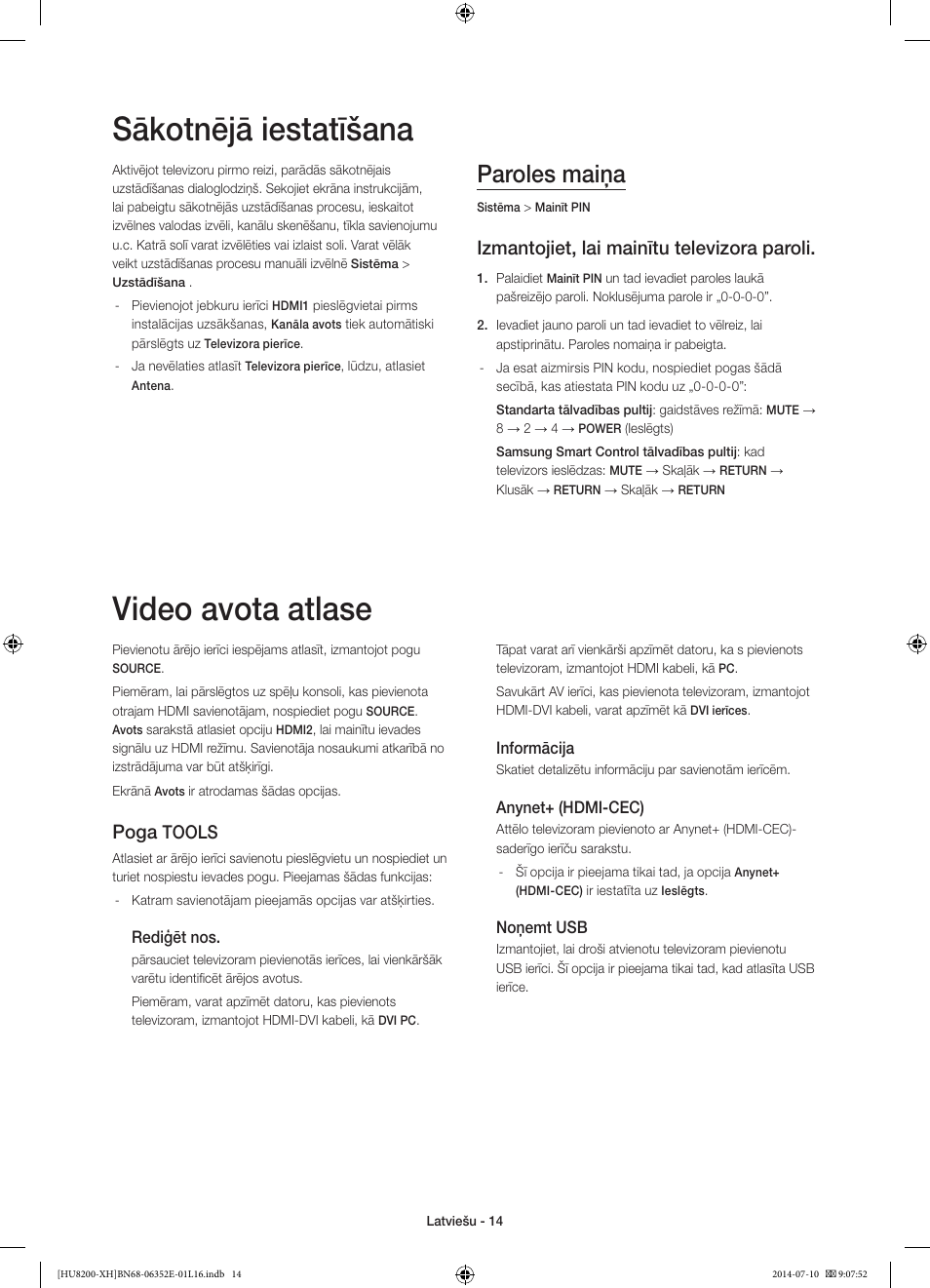Sākotnējā iestatīšana, Video avota atlase, Paroles maiņa | Izmantojiet, lai mainītu televizora paroli, Poga, Tools | Samsung UE55HU8200L User Manual | Page 326 / 385
