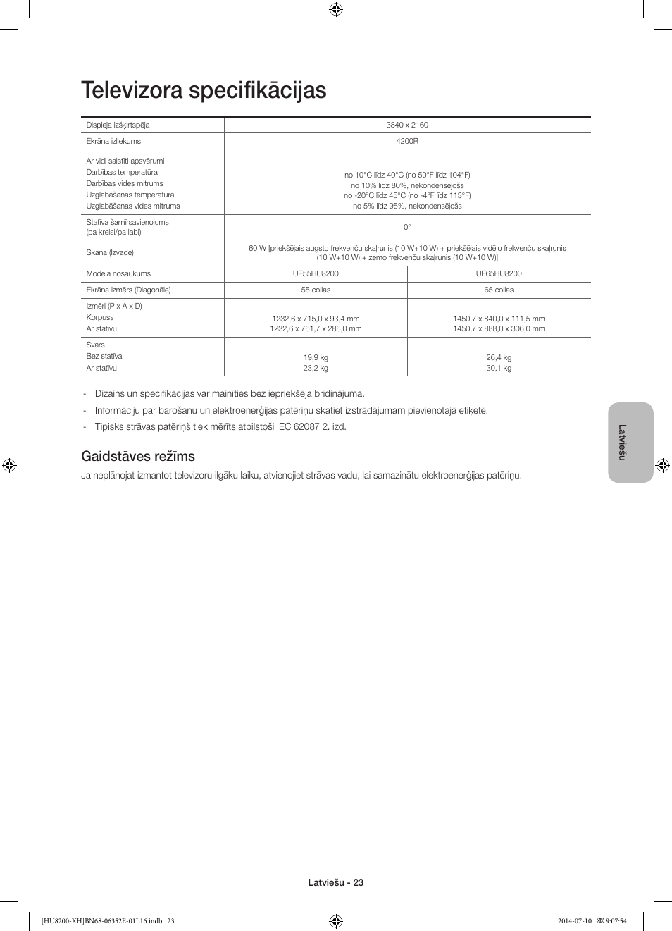 Televizora specifikācijas, Gaidstāves režīms | Samsung UE55HU8200L User Manual | Page 335 / 385