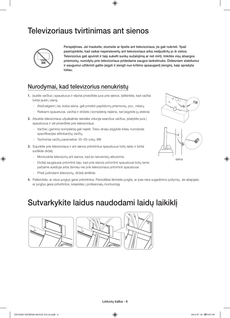 Televizoriaus tvirtinimas ant sienos, Sutvarkykite laidus naudodami laidų laikiklį, Nurodymai, kad televizorius nenukristų | Samsung UE55HU8200L User Manual | Page 342 / 385