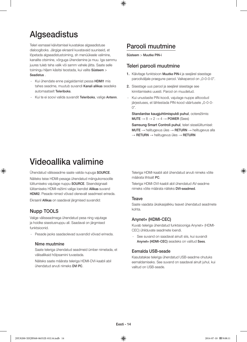 Algseadistus, Videoallika valimine, Parooli muutmine | Teleri parooli muutmine, Nupp, Tools | Samsung UE55HU8200L User Manual | Page 374 / 385