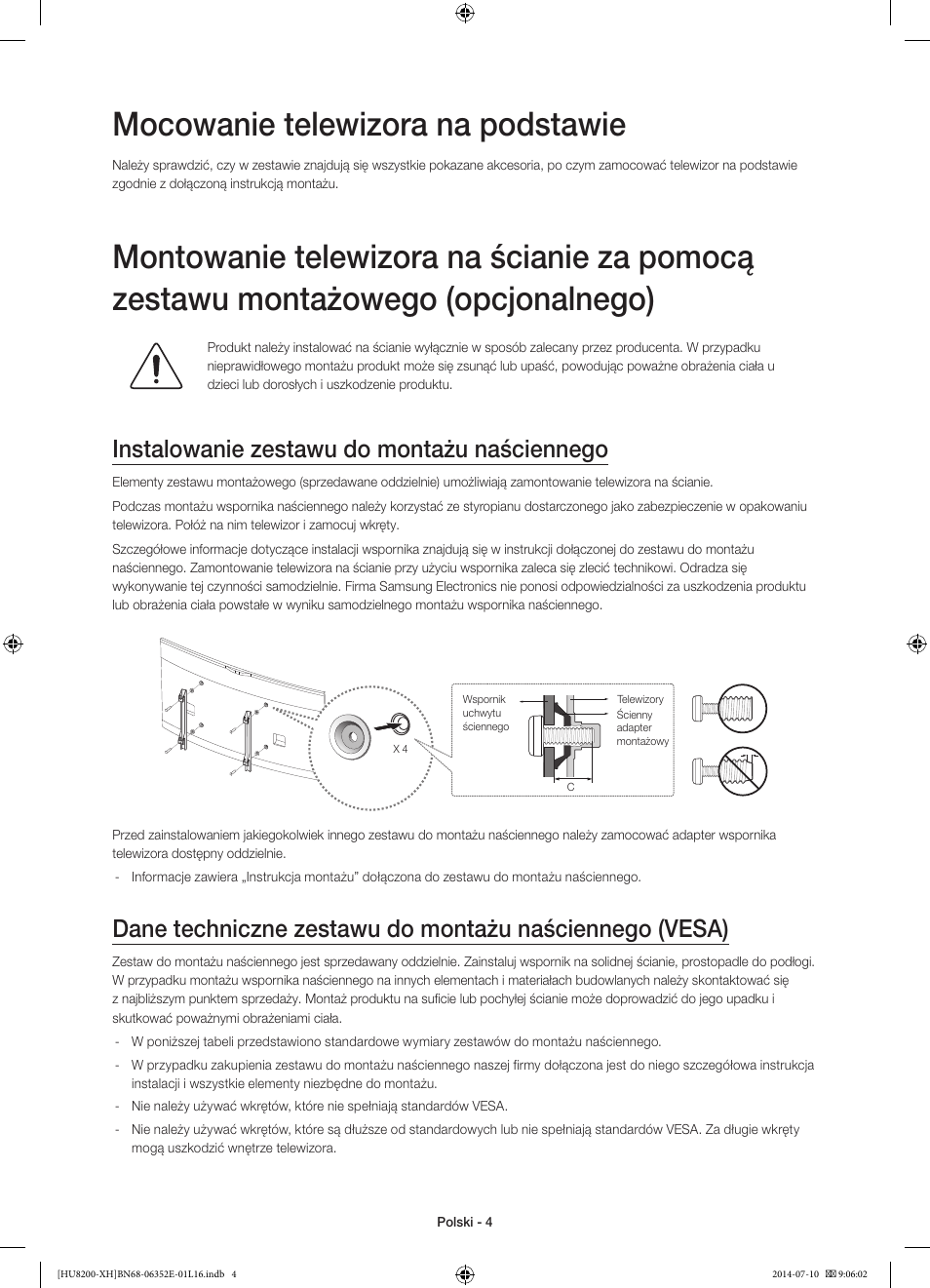 Mocowanie telewizora na podstawie, Instalowanie zestawu do montażu naściennego | Samsung UE55HU8200L User Manual | Page 52 / 385