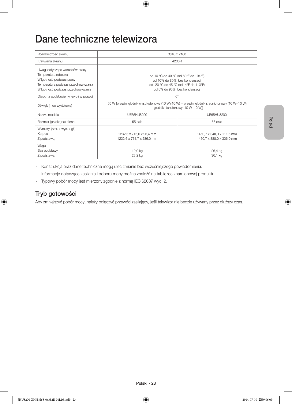 Dane techniczne telewizora, Tryb gotowości | Samsung UE55HU8200L User Manual | Page 71 / 385