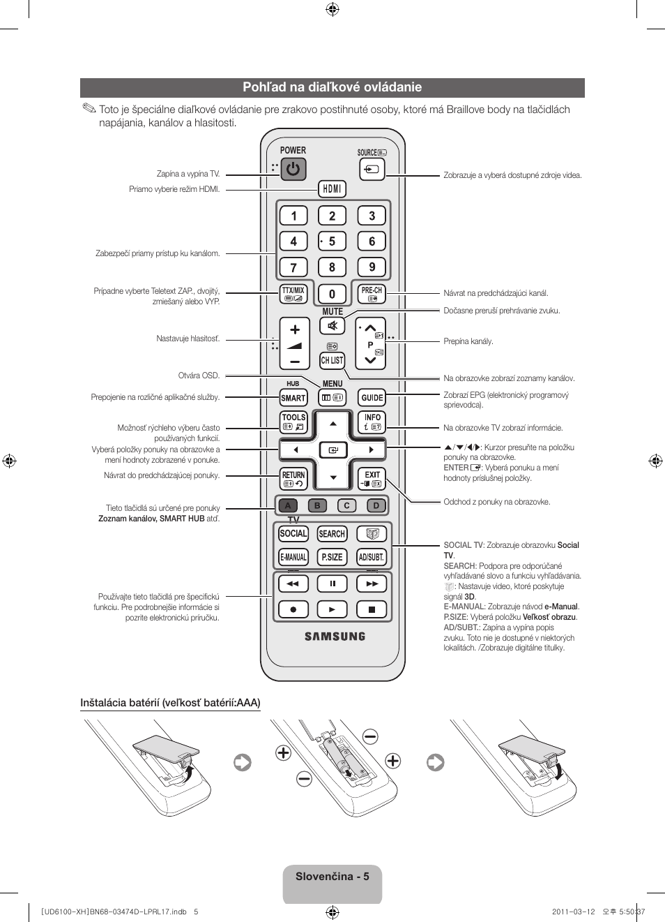 Pohľad na diaľkové ovládanie | Samsung UE40D6120SW User Manual | Page 147 / 344