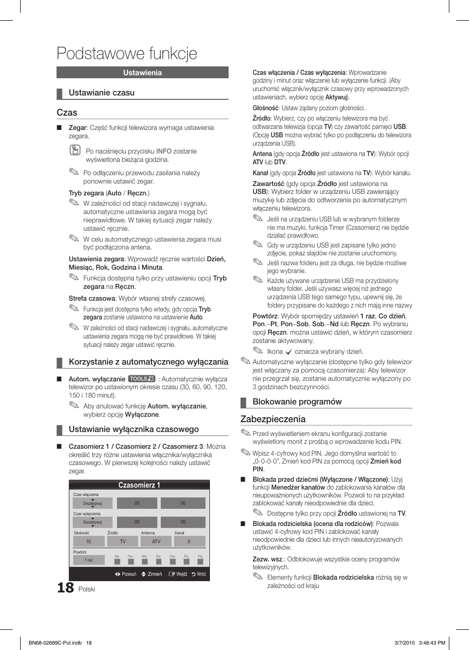 Podstawowe funkcje, Czas, Zabezpieczenia | Samsung LE40C630K1W User Manual | Page 116 / 491