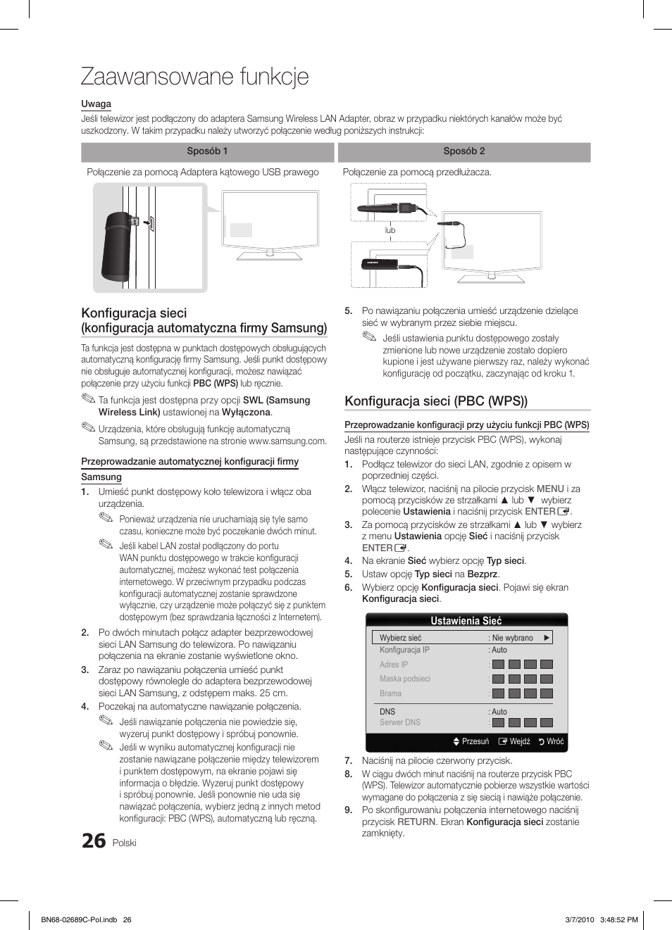 Zaawansowane funkcje, Konfiguracja sieci (pbc (wps)) | Samsung LE40C630K1W User Manual | Page 124 / 491