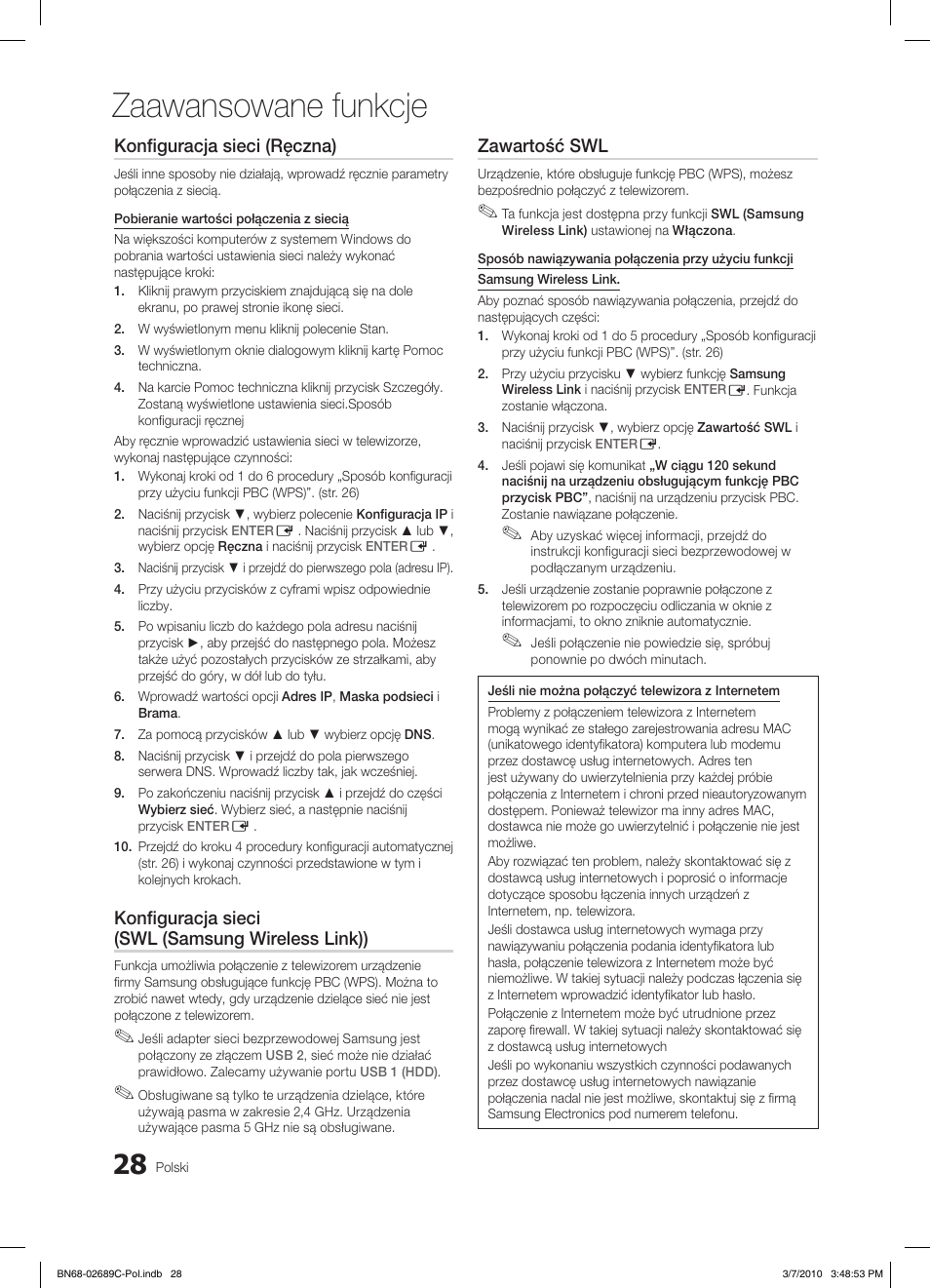 Zaawansowane funkcje, Konfiguracja sieci (ręczna), Konfiguracja sieci (swl (samsung wireless link)) | Zawartość swl | Samsung LE40C630K1W User Manual | Page 126 / 491