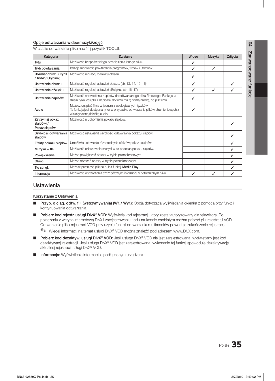 Ustawienia | Samsung LE40C630K1W User Manual | Page 133 / 491