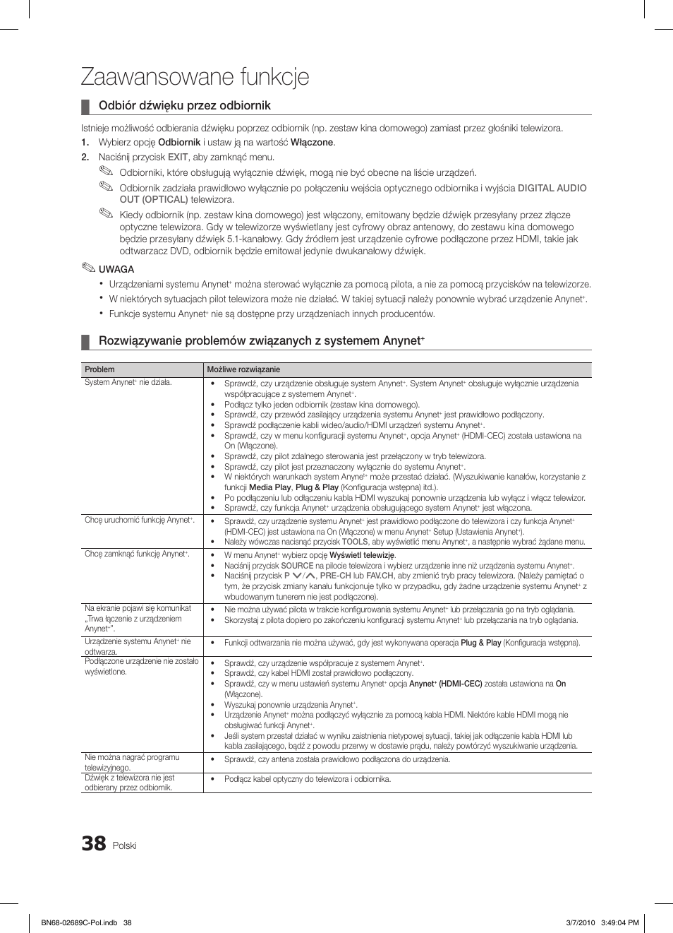 Zaawansowane funkcje, Odbiór dźwięku przez odbiornik | Samsung LE40C630K1W User Manual | Page 136 / 491