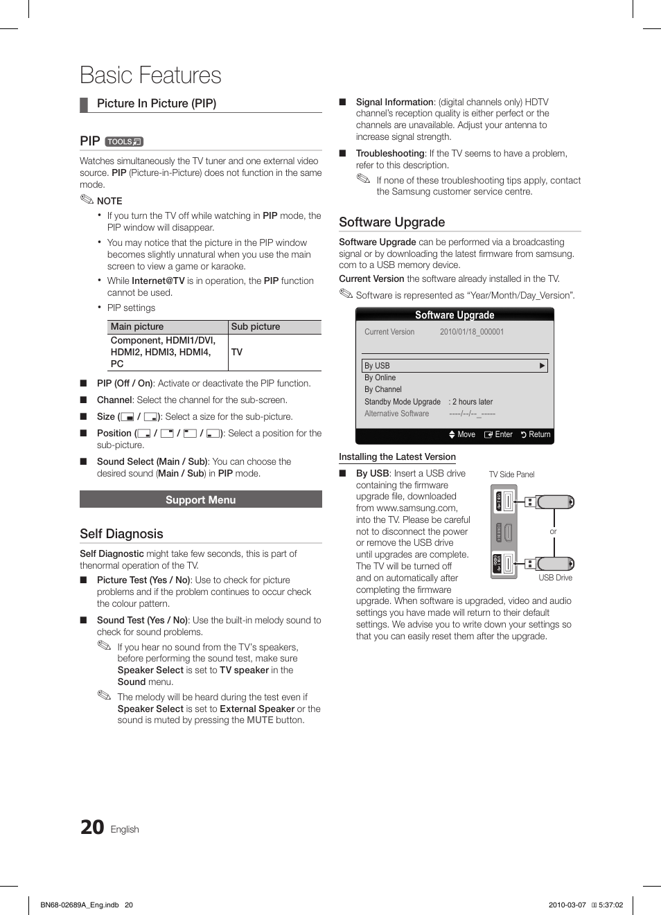 Basic features, Self diagnosis, Software upgrade | Samsung LE40C630K1W User Manual | Page 20 / 491