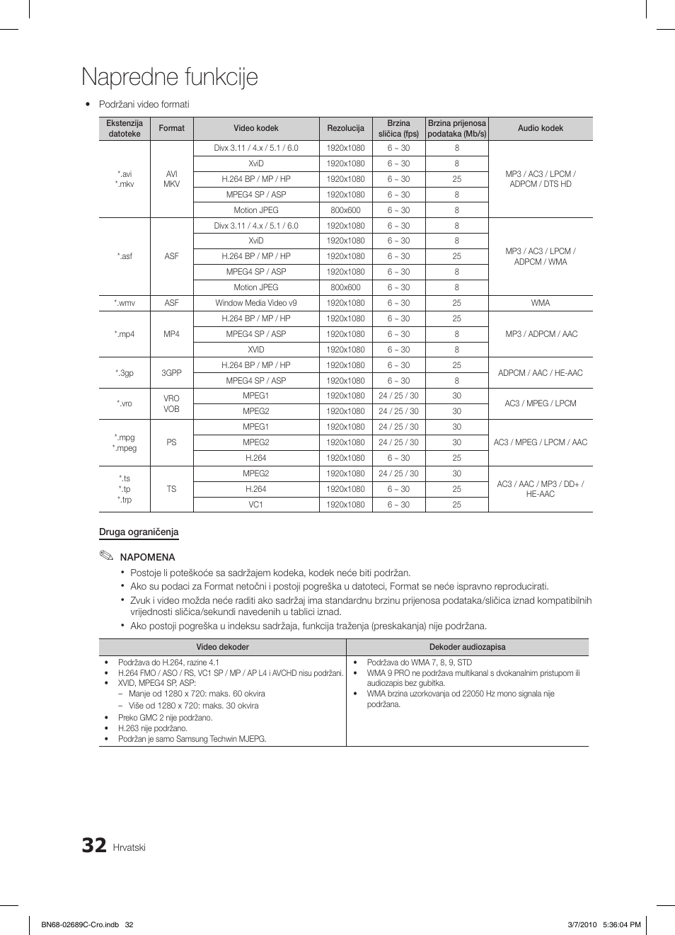 Napredne funkcije | Samsung LE40C630K1W User Manual | Page 277 / 491