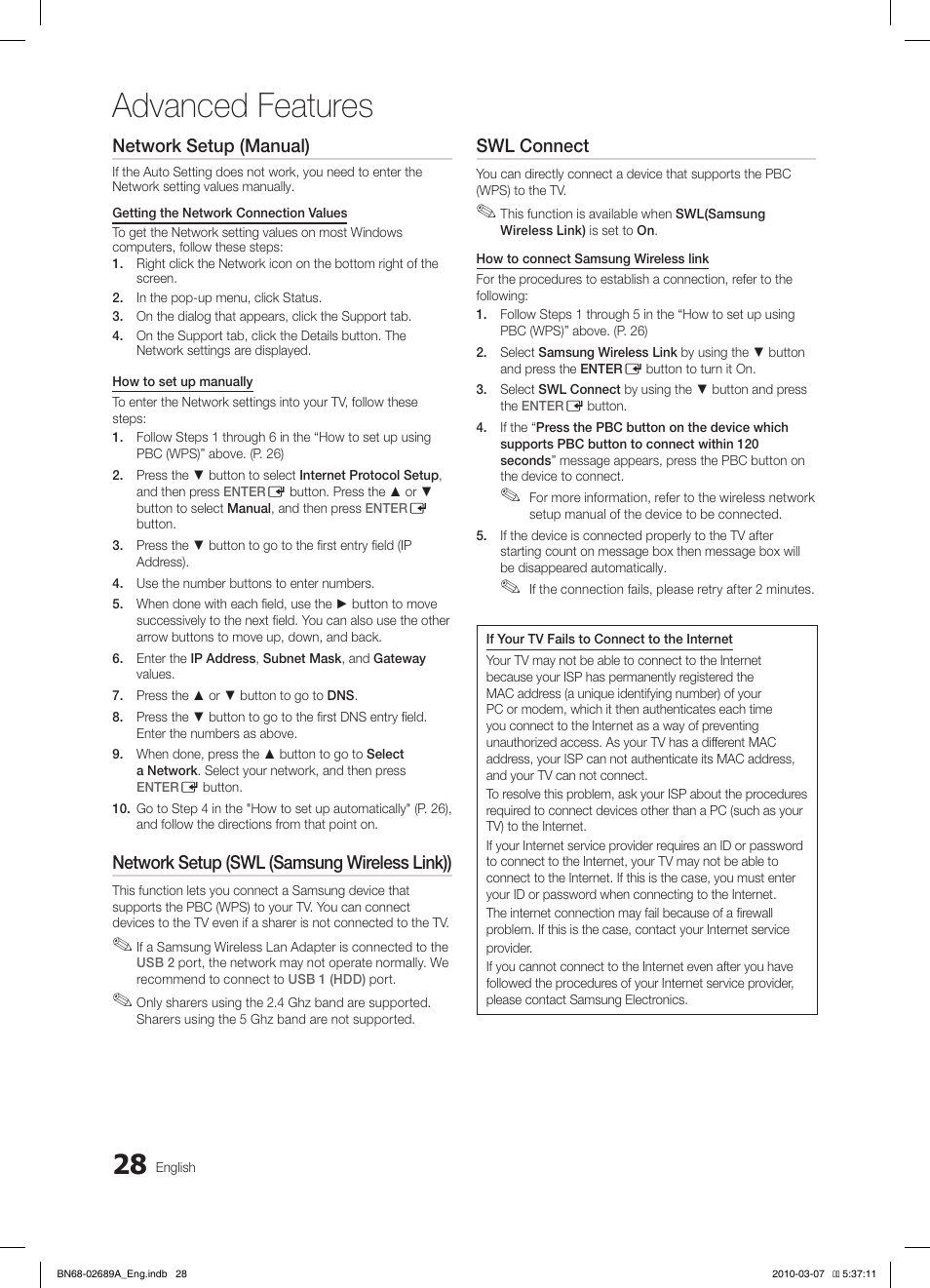 Advanced features, Network setup (manual), Network setup (swl (samsung wireless link)) | Swl connect | Samsung LE40C630K1W User Manual | Page 28 / 491