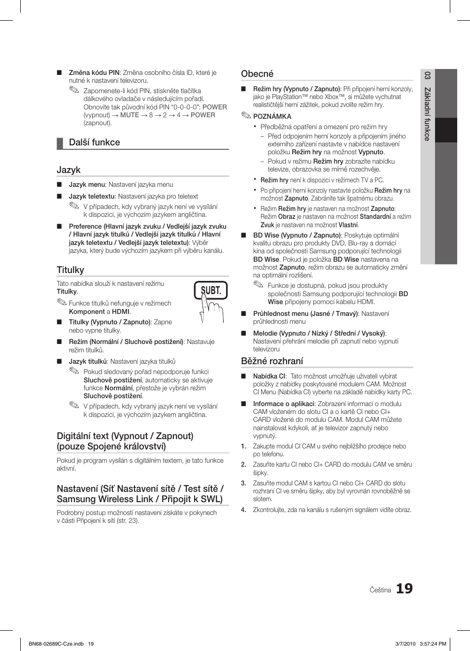 S.mode p.mode, Další funkce ¦ jazyk, Titulky | Obecné, Běžné rozhraní | Samsung LE40C630K1W User Manual | Page 313 / 491