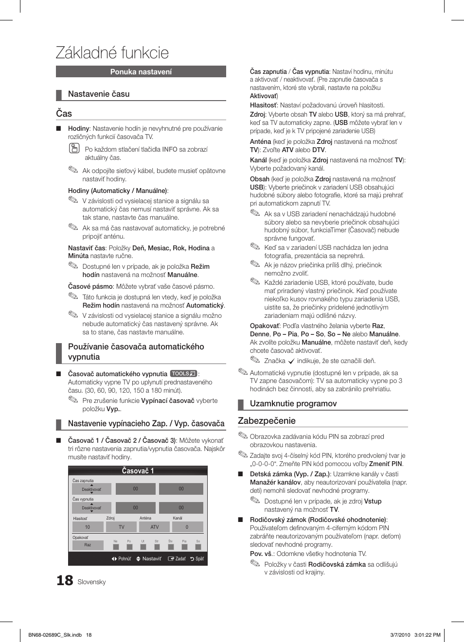 Základné funkcie, Zabezpečenie | Samsung LE40C630K1W User Manual | Page 361 / 491