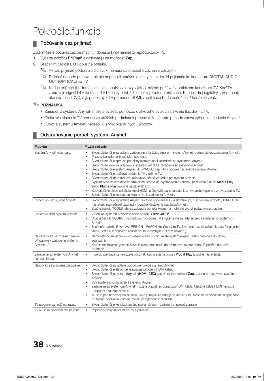 Pokročilé funkcie, Počúvanie cez prijímač, Odstraňovanie porúch systému anynet | Samsung LE40C630K1W User Manual | Page 381 / 491