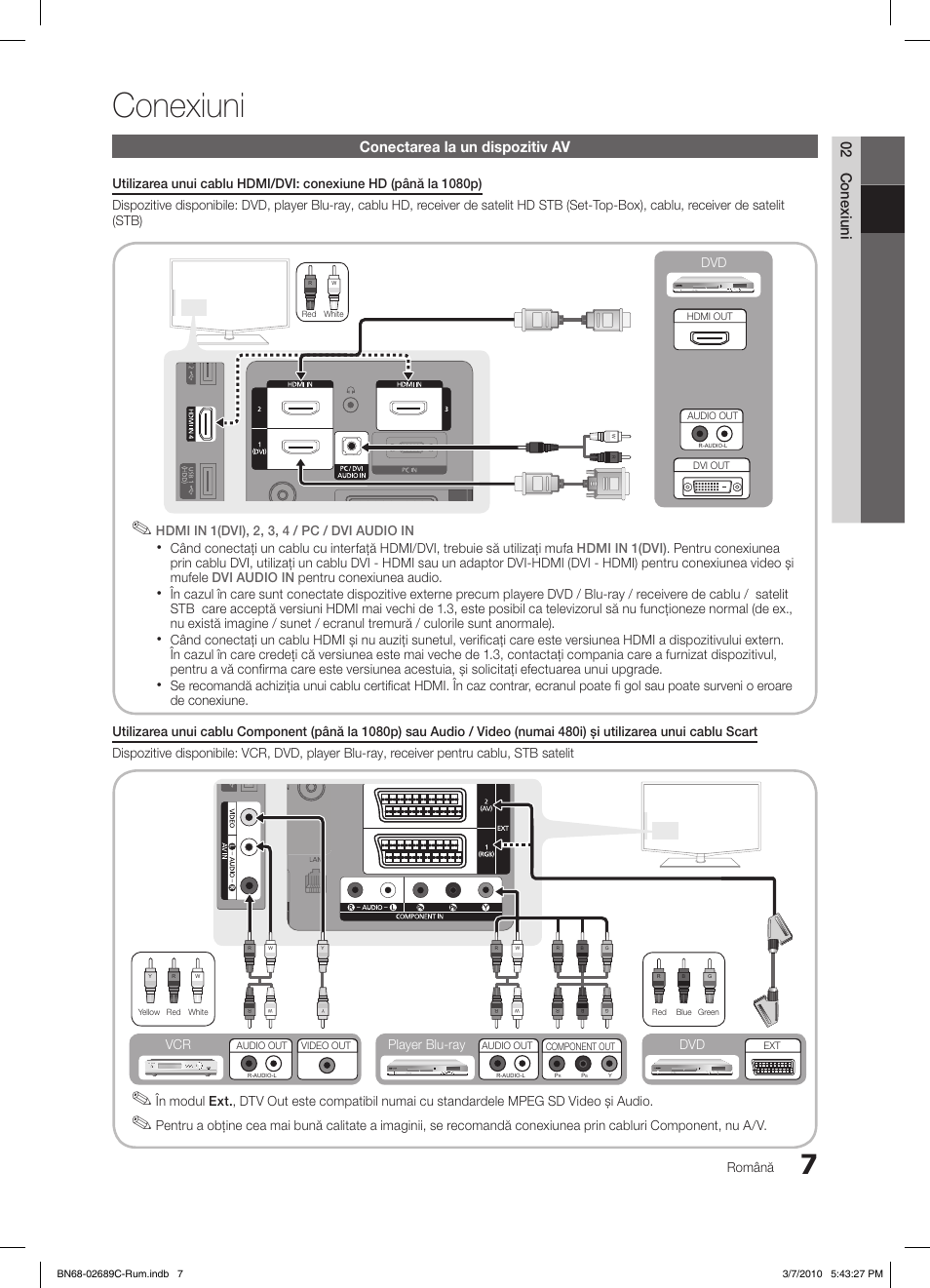 Conexiuni, 02 conexiuni, Conectarea la un dispozitiv av | Română, Dvd player blu-ray dvd vcr | Samsung LE40C630K1W User Manual | Page 399 / 491