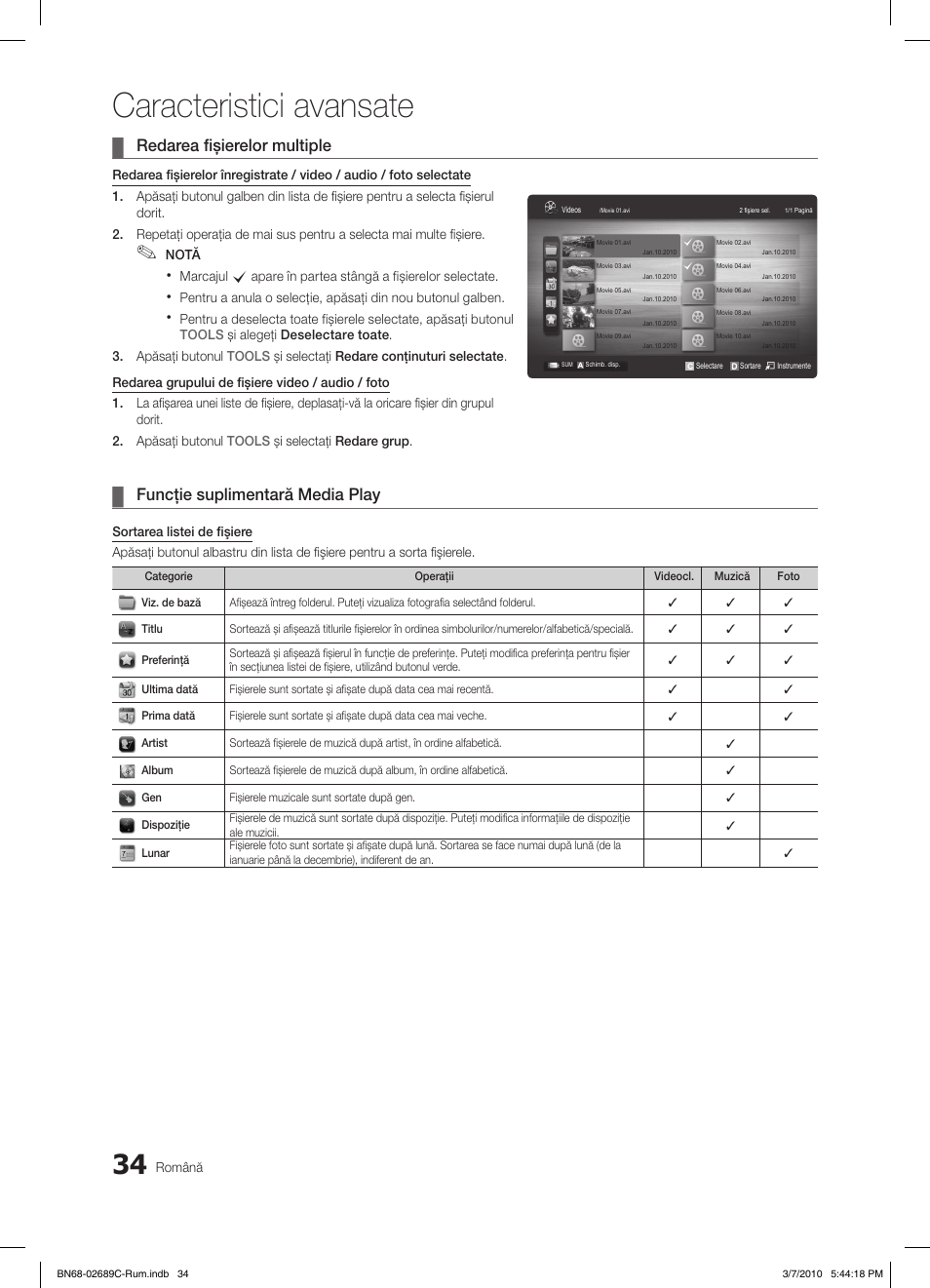 Caracteristici avansate, Redarea fişierelor multiple, Funcţie suplimentară media play | Samsung LE40C630K1W User Manual | Page 426 / 491